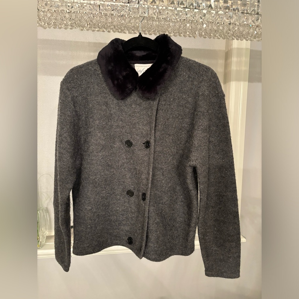 ￼ Lord and Taylor, 100% wool  cardigan with faux fur mink  collar
Dressing rich